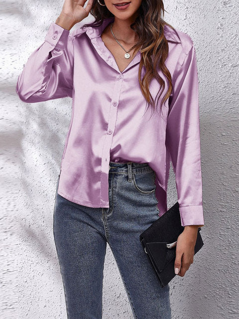 Chemisier à manches longues en satin - Top boutonné chic et élégant pour dames