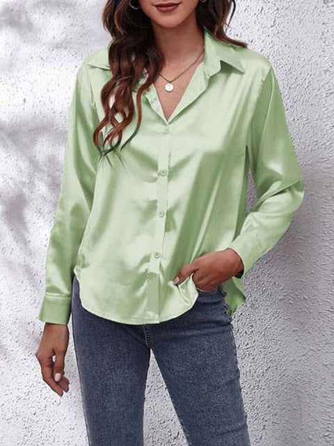 Chemisier à manches longues en satin - Top boutonné chic et élégant pour dames