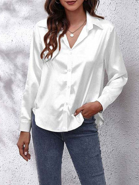 Chemisier à manches longues en satin - Top boutonné chic et élégant pour dames