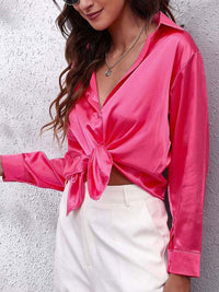 Chemisier à manches longues en satin - Top boutonné chic et élégant pour dames