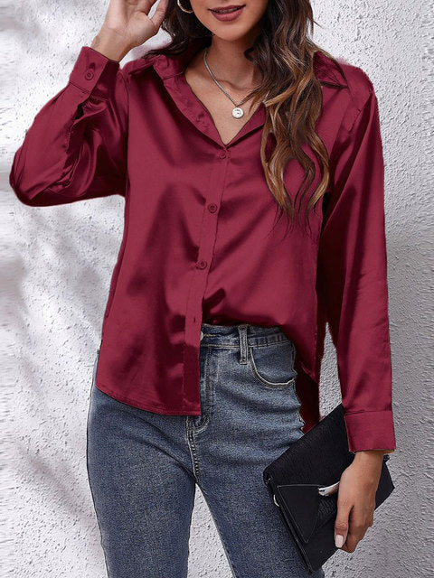 Chemisier à manches longues en satin - Top boutonné chic et élégant pour dames