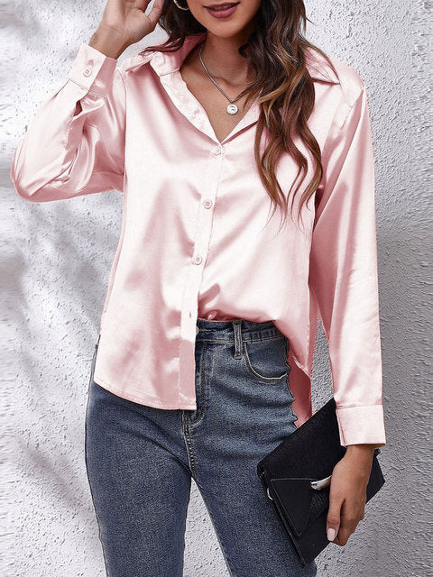 Chemisier à manches longues en satin - Top boutonné chic et élégant pour dames