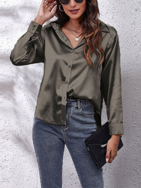 Chemisier à manches longues en satin - Top boutonné chic et élégant pour dames