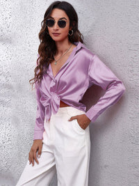 Chemisier à manches longues en satin - Top boutonné chic et élégant pour dames