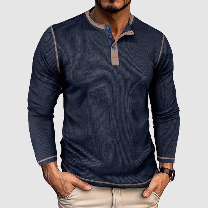 T-shirt classique vintage à manches longues en tricot gaufré pour hommes