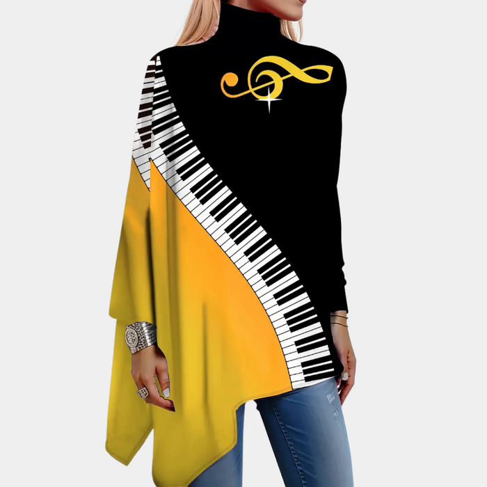 Élégant chemisier cape pour femmes - élégant haut noir et jaune avec un magnifique motif de piano