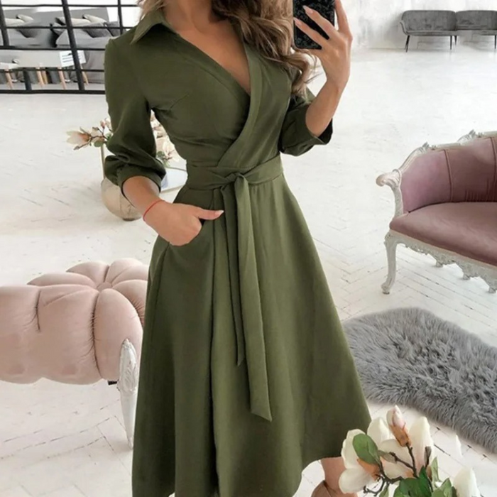 Élégante robe midi ceinturée - Confort en toute saison, coupe flatteuse et style classique