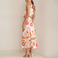 Robe Longue Femme à Halter et Mixte Asymétrique - Élégant Imprimé Fleuri