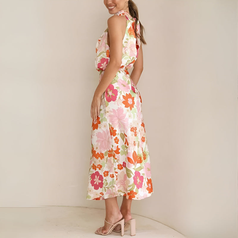 Robe Longue Femme à Halter et Mixte Asymétrique - Élégant Imprimé Fleuri
