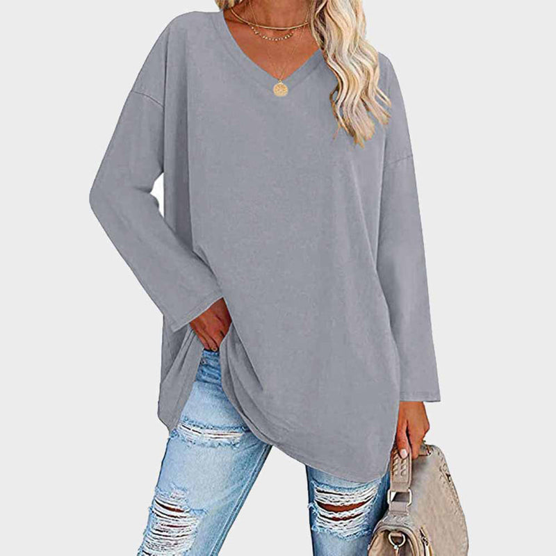 Chemisier tunique à manches longues et col en V, confortable et décontracté, pour femmes - parfait pour un look quotidien décontracté dans un tissu doux
