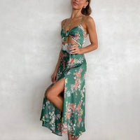 Robe Midi Fleuri pour Femme avec Décolleté Noué et Bretelles Fines - Élégance Fluide et Confortable