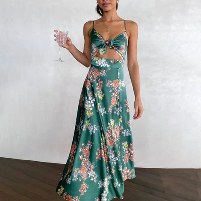 Robe Midi Fleuri pour Femme avec Décolleté Noué et Bretelles Fines - Élégance Fluide et Confortable