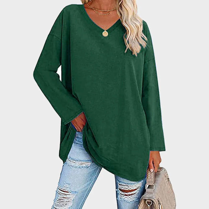 Chemisier tunique à manches longues et col en V, confortable et décontracté, pour femmes - parfait pour un look quotidien décontracté dans un tissu doux
