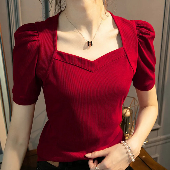 Stylish Red Puff Sleeve Top - Trendy Ribbed Blouse for Women