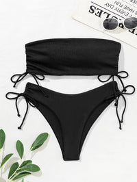 Ensemble Bikini Femme Bandeau avec Texture Ribée - Haut Sans Bretelles et Bas à Noeud Latéral