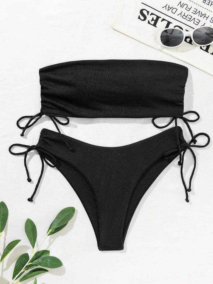Ensemble Bikini Femme Bandeau avec Texture Ribée - Haut Sans Bretelles et Bas à Noeud Latéral