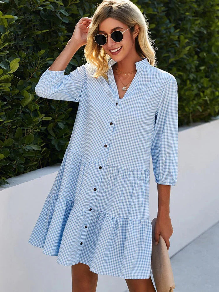 Elégante robe de plage à demi-manches et col en V pour femmes - Boutons en patchwork chic - Ella