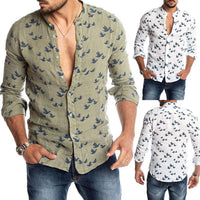 Camisa de manga larga para hombre con estampado de aves, cuello mandarín y estilo casual transpirable
