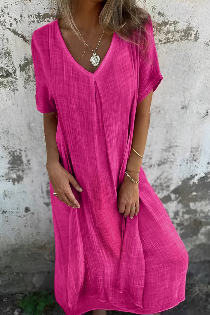 Élégante robe midi en lin à col en V et manches courtes - Respirante, légère et confortable