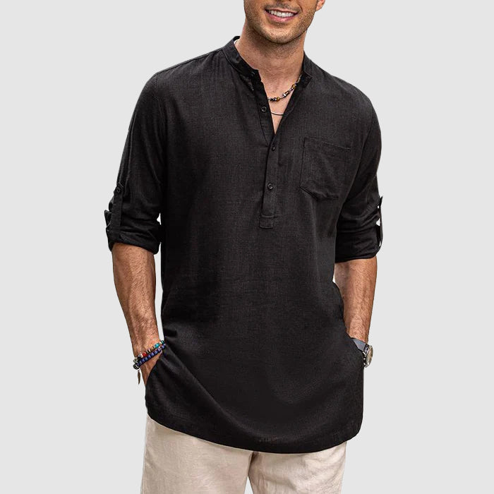 Chemise Henley pour homme - Col bourdonné élégant - Tissu respirant - Manches longues pour un look décontracté parfait