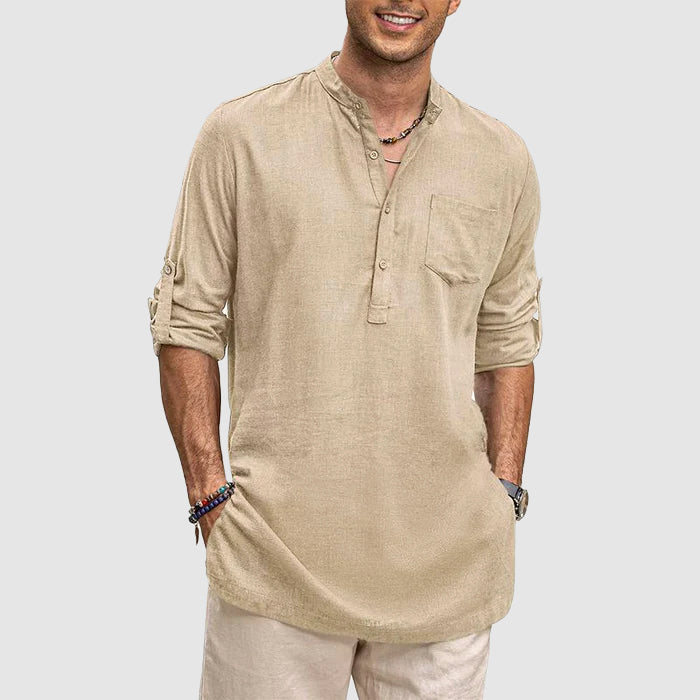 Chemise Henley pour homme - Col bourdonné élégant - Tissu respirant - Manches longues pour un look décontracté parfait