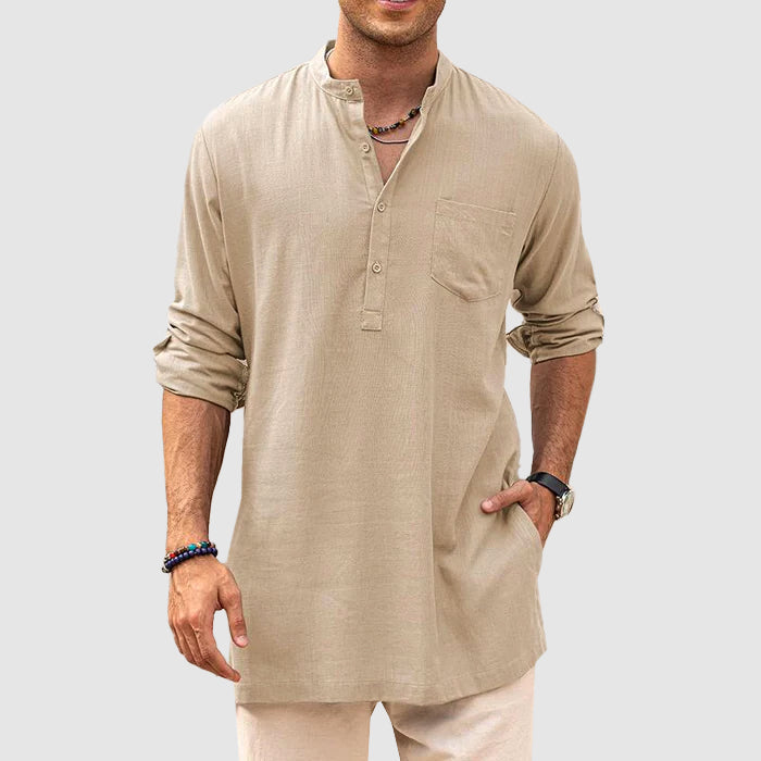 Chemise Henley pour homme - Col bourdonné élégant - Tissu respirant - Manches longues pour un look décontracté parfait