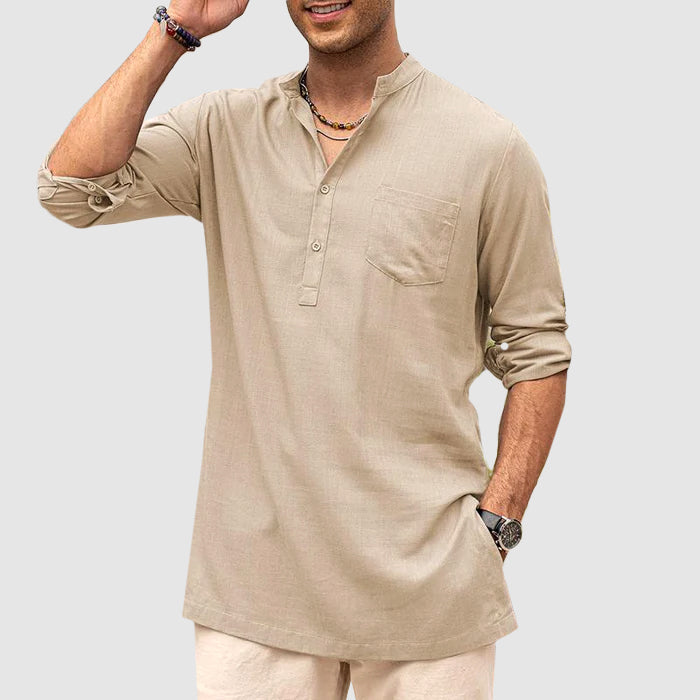 Chemise Henley pour homme - Col bourdonné élégant - Tissu respirant - Manches longues pour un look décontracté parfait