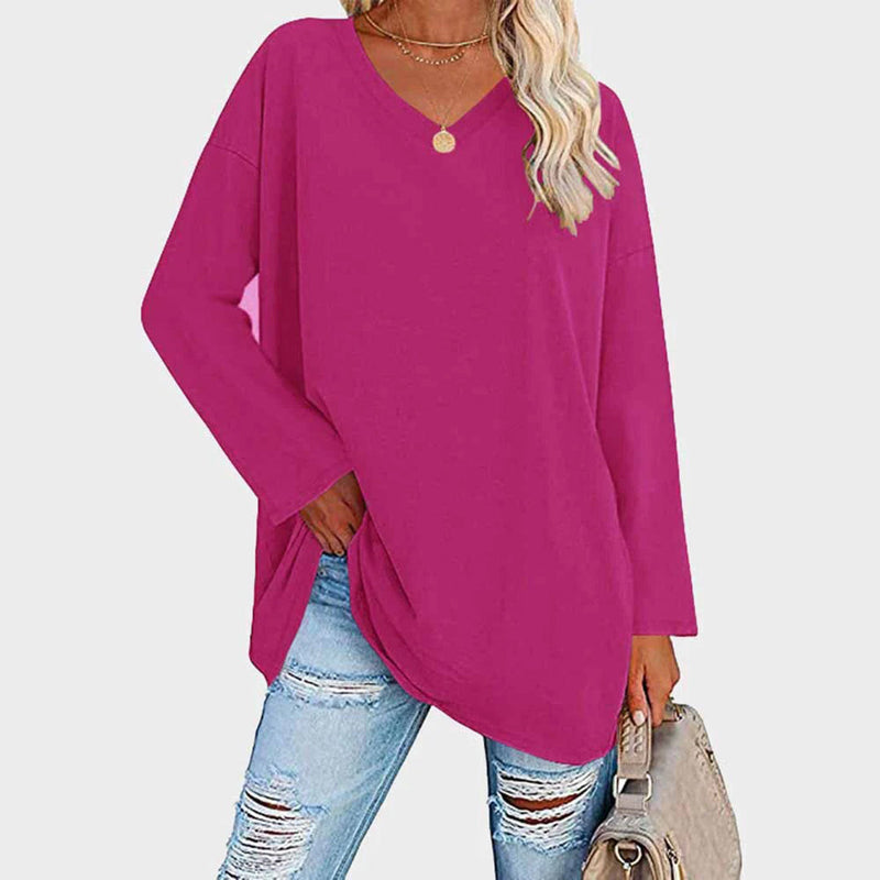 Chemisier tunique à manches longues et col en V, confortable et décontracté, pour femmes - parfait pour un look quotidien décontracté dans un tissu doux