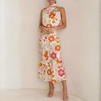 Robe Longue Femme à Halter et Mixte Asymétrique - Élégant Imprimé Fleuri