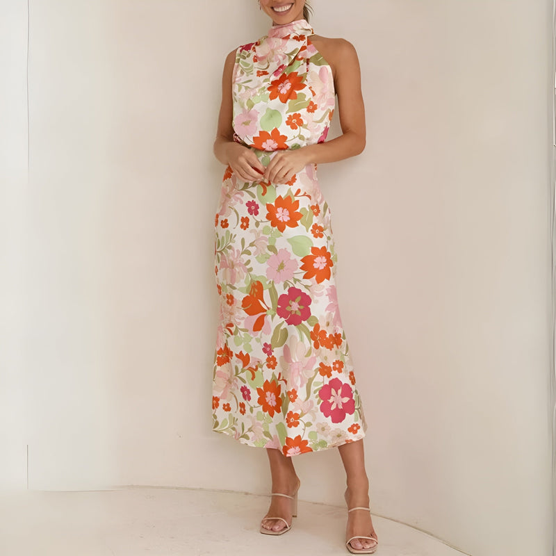 Robe Longue Femme à Halter et Mixte Asymétrique - Élégant Imprimé Fleuri