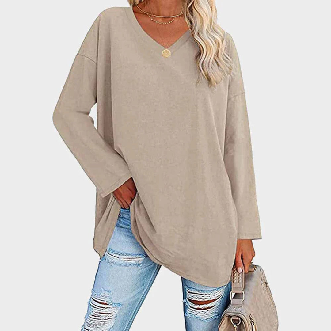 Chemisier tunique à manches longues et col en V, confortable et décontracté, pour femmes - parfait pour un look quotidien décontracté dans un tissu doux