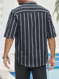 Chemise décontractée pour hommes à rayures verticales, col band, manches courtes, coupe détendue