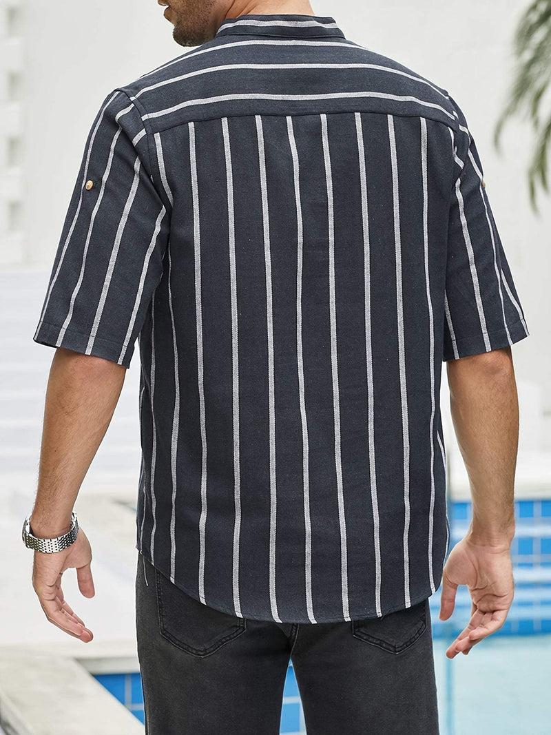 Chemise décontractée pour hommes à rayures verticales, col band, manches courtes, coupe détendue