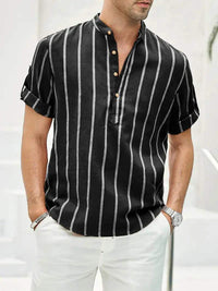 Chemise décontractée pour hommes à rayures verticales, col band, manches courtes, coupe détendue