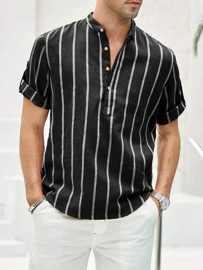Chemise décontractée pour hommes à rayures verticales, col band, manches courtes, coupe détendue