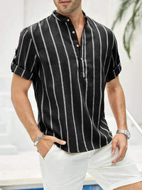 Chemise décontractée pour hommes à rayures verticales, col band, manches courtes, coupe détendue