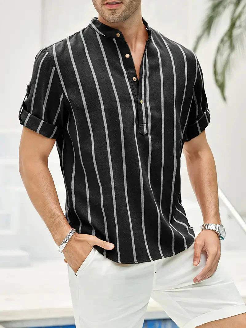 Chemise décontractée pour hommes à rayures verticales, col band, manches courtes, coupe détendue