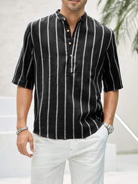 Chemise décontractée pour hommes à rayures verticales, col band, manches courtes, coupe détendue