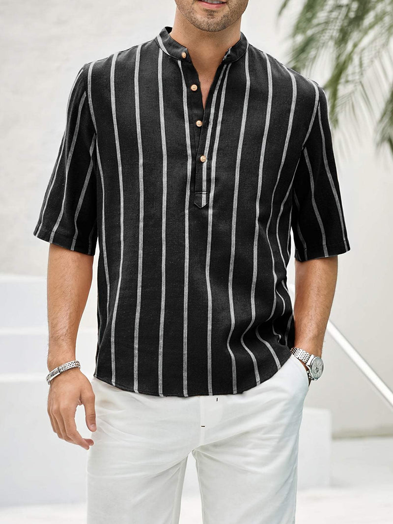 Chemise décontractée pour hommes à rayures verticales, col band, manches courtes, coupe détendue