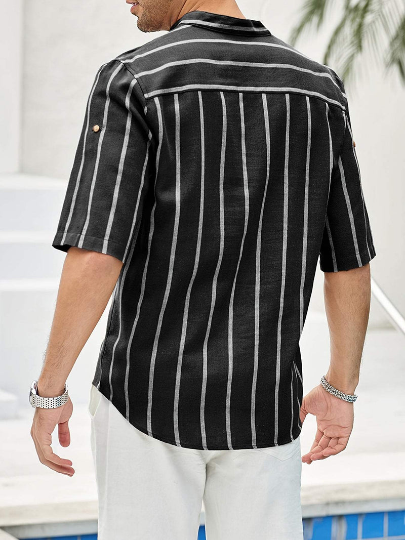 Chemise décontractée pour hommes à rayures verticales, col band, manches courtes, coupe détendue