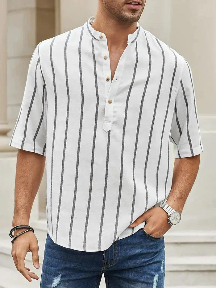 Chemise décontractée pour hommes à rayures verticales, col band, manches courtes, coupe détendue