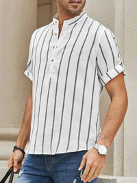 Chemise décontractée pour hommes à rayures verticales, col band, manches courtes, coupe détendue