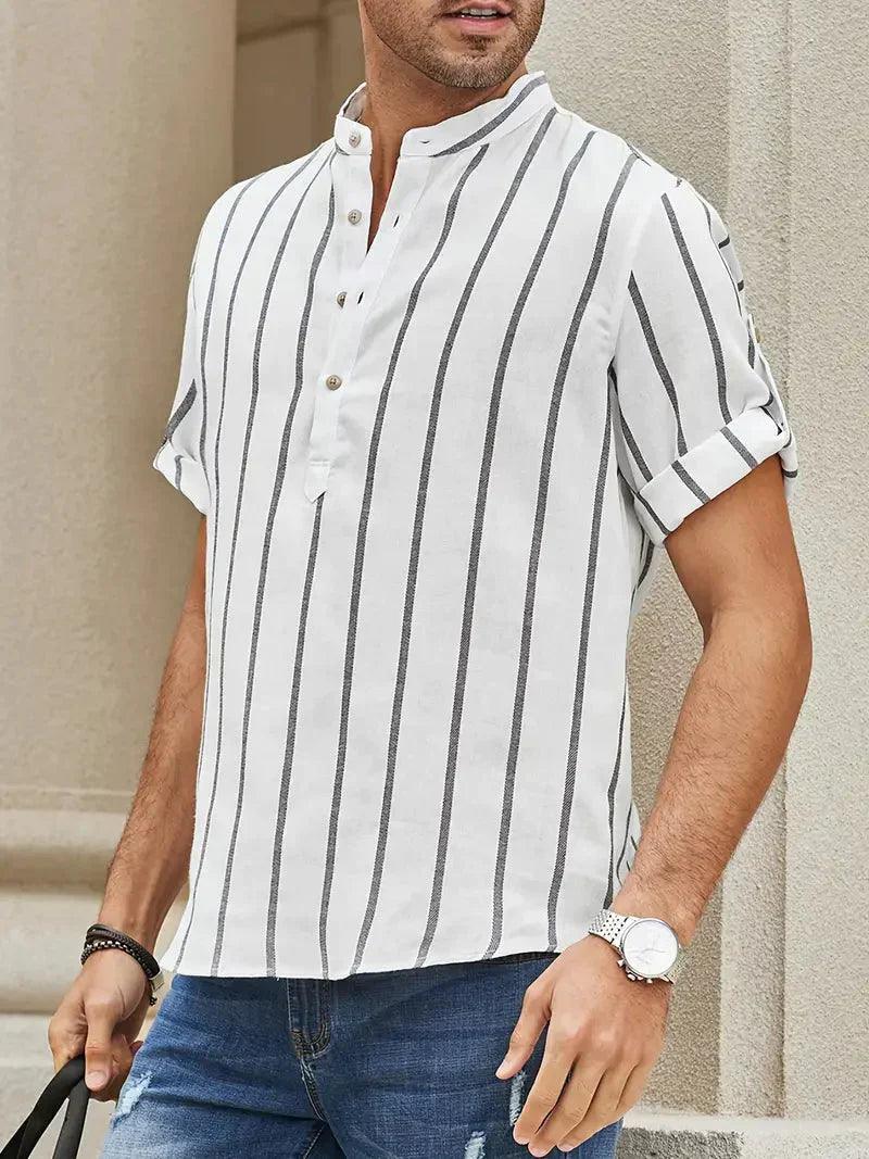 Chemise décontractée pour hommes à rayures verticales, col band, manches courtes, coupe détendue