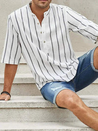 Chemise décontractée pour hommes à rayures verticales, col band, manches courtes, coupe détendue