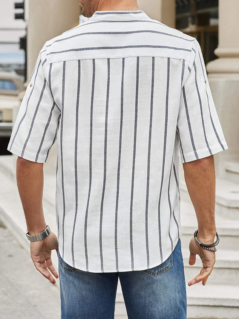 Chemise décontractée pour hommes à rayures verticales, col band, manches courtes, coupe détendue