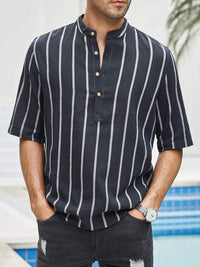 Chemise décontractée pour hommes à rayures verticales, col band, manches courtes, coupe détendue