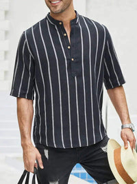 Chemise décontractée pour hommes à rayures verticales, col band, manches courtes, coupe détendue