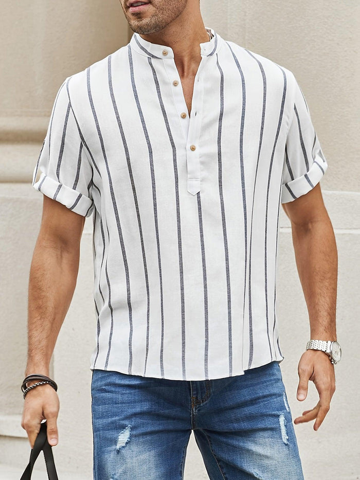 Chemise décontractée pour hommes à rayures verticales, col band, manches courtes, coupe détendue