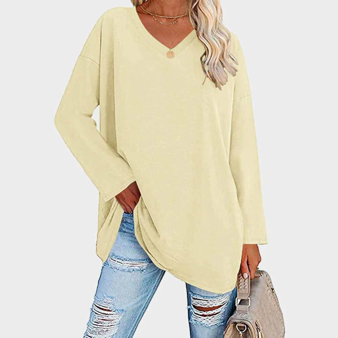 Chemisier tunique à manches longues et col en V, confortable et décontracté, pour femmes - parfait pour un look quotidien décontracté dans un tissu doux