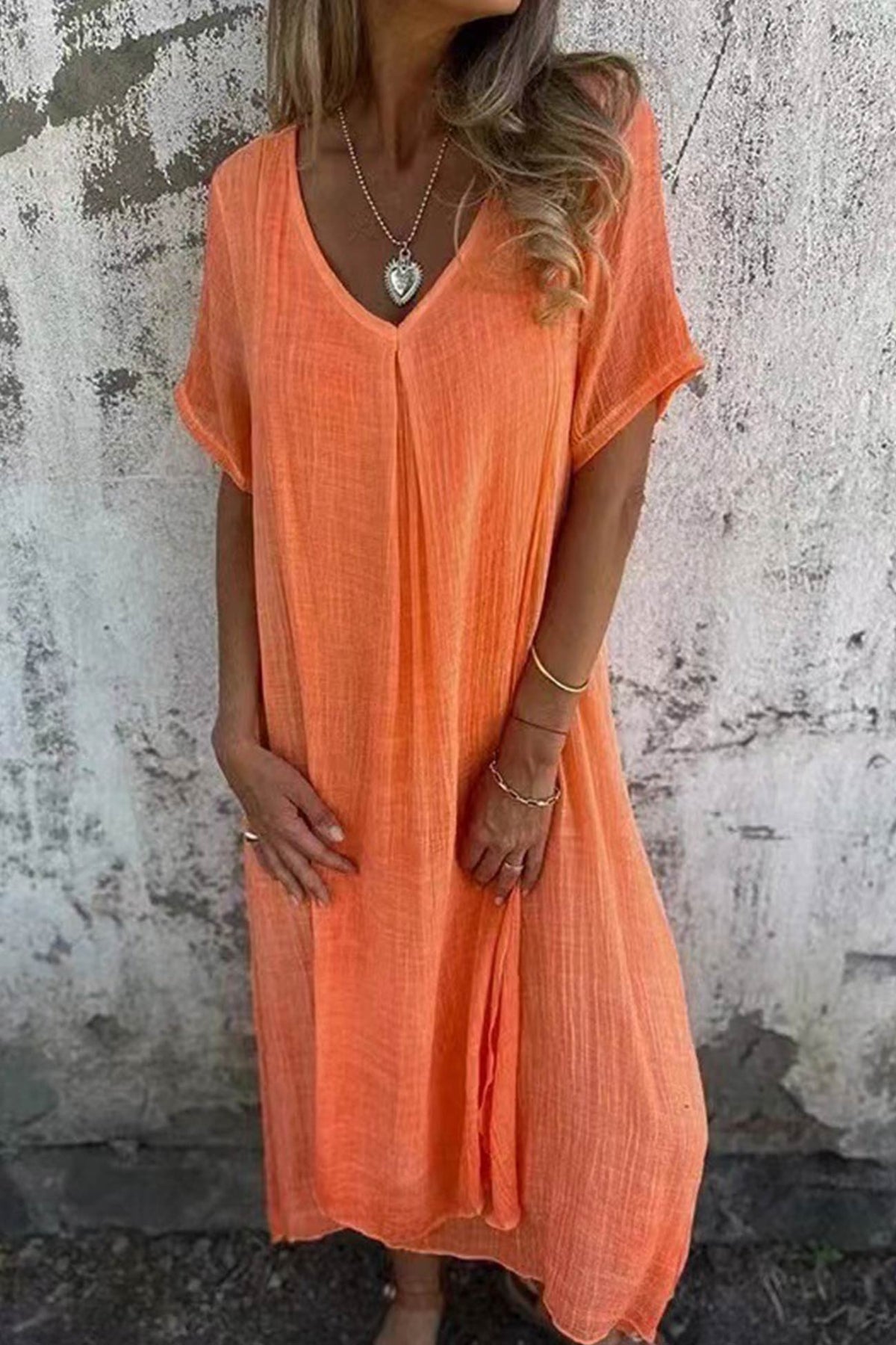 Élégante robe midi en lin à col en V et manches courtes - Respirante, légère et confortable